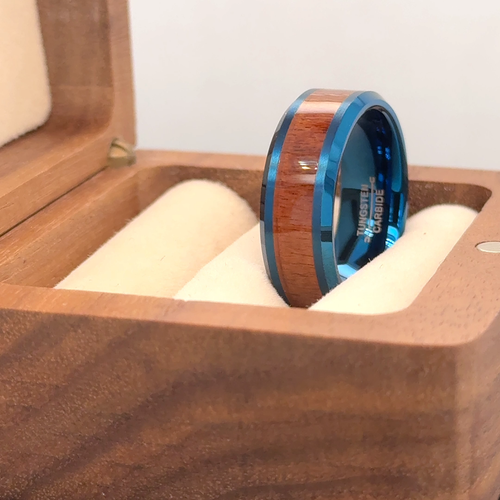 with Wood, Men's Tungsten Wedding Band Polished Blue Tungsten Engagement Ring - Video 1 of 1