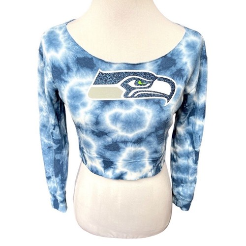 NFL Seattle Seahawks Tie Dye Cropped Sweatshirt Blue White Size 10 - Picture 5 of 5