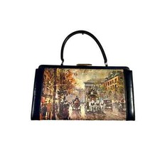 VTG 1950s Triangle New York Leather Top Handle Bag Impressionist Paris Street