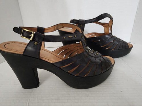 Nicole Womens Sandal 9m Black Leather Wood Look Heels Sling Back Joyous - Picture 3 of 6