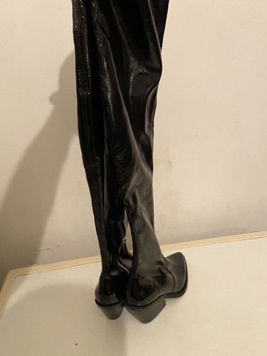 Topshop Black Bamboo Ladies Knee High Patent Block Heel Boots, Size 6, RRP £85 - Picture 7 of 24