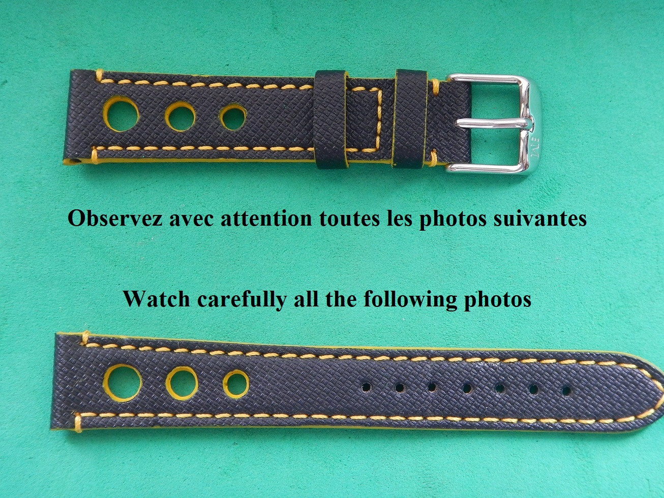 Bracelet rallye 18mm étanche en cuir noir perforé avec surpiqûres jaunes
