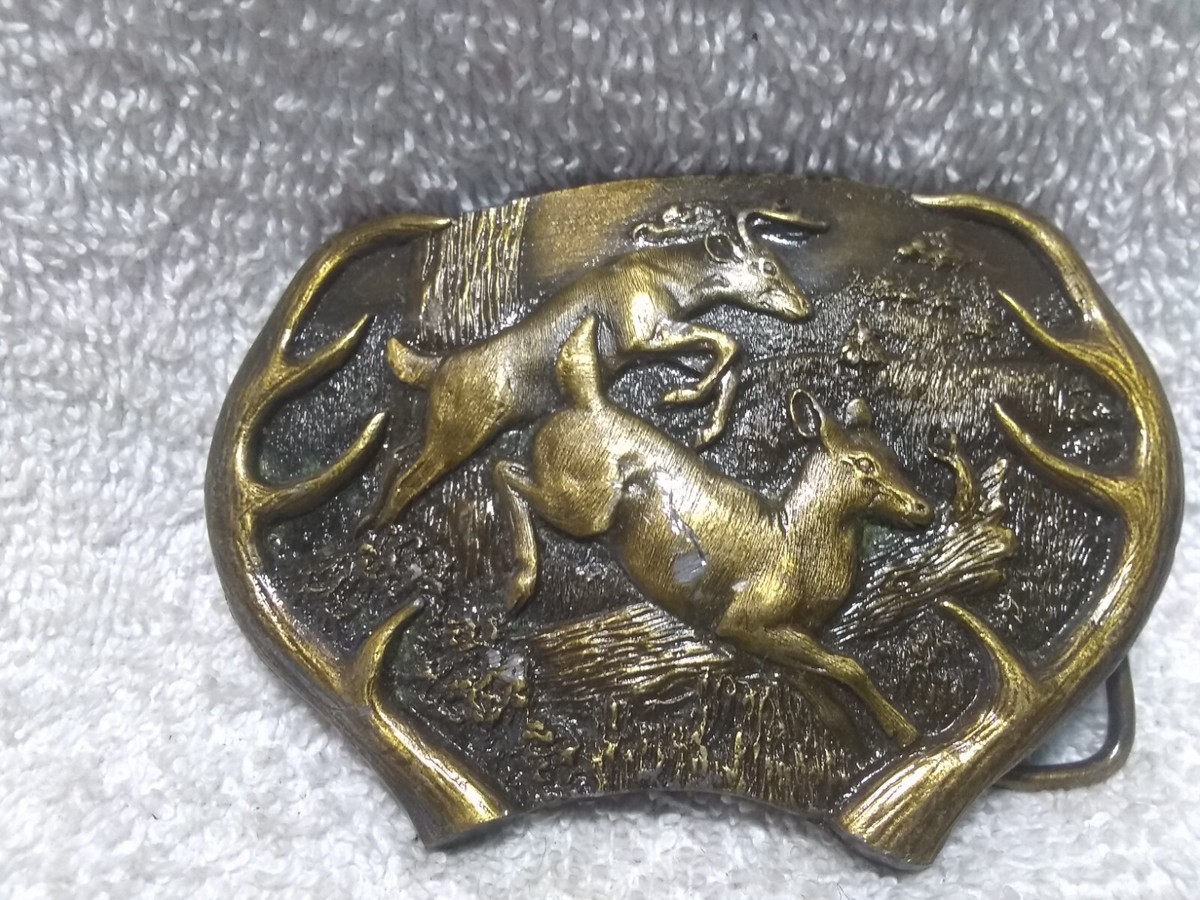 1977 Bergamot Brass Works Belt Buckle Gold Tone Running Deer