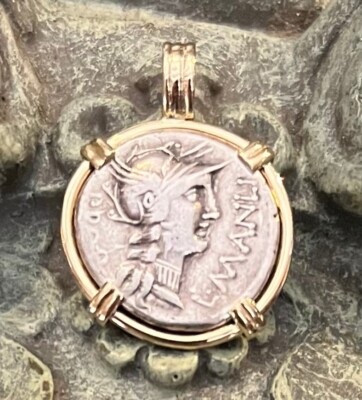 Ancient Roman Republic Coin Denarius C 82 BC Roma/Sulla set 14K Gold Pendant