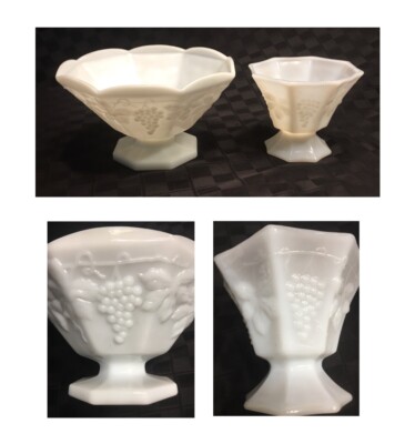 VINTAGE MILK GLASS Serving Bowls Octagon Grapes Pedestal 2-Piece Set Excellent