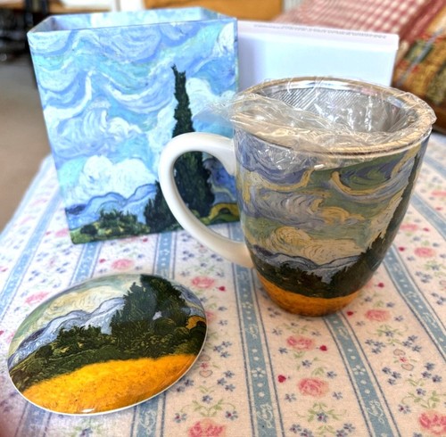 NEW Porcelain Van Gogh Covered Mug w/ Tea Infuser Wheat Field Cypresses The Met - Picture 9 of 13