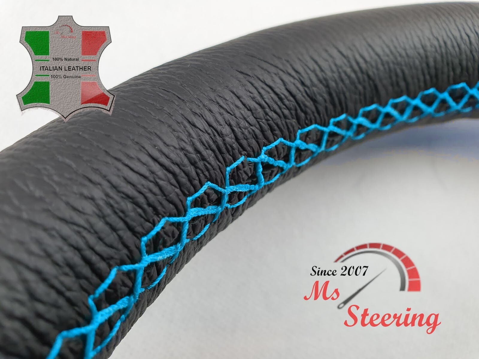 FOR OPEL VECTRA C 02-08 BLACK LEATHER STEERING WHEEL COVER LIGHT BLUE 2 STIT