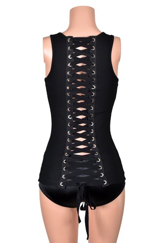 Black Lace-Up Back Extra Long Tank Top XS to XL metal grommet corset lacing goth - Picture 4 of 11
