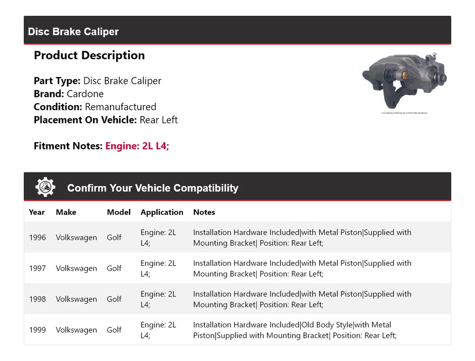 Pinza de freno de disco trasera izquierda cardone 1997 para Volkswagen Golf 1996-1999 2L L4 Foto 2 de 4