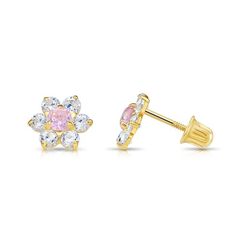 14K Real Solid Gold Flower Halo Birthstone CZ Sleeper Studs Earrings Screw-back - Picture 27 of 31