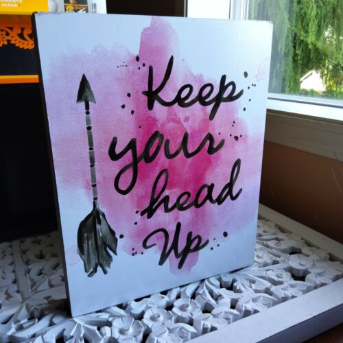 Keep Your Head Up Wooden Wall Decor 12 x 9.5 Pink White Encouragement Art Arrows - Picture 2 of 2