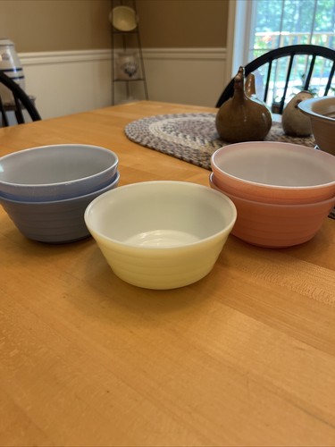 Set Of 5 Hazel Atlas MODERNTONE Platonite Cereal Bowls Pastel Blue, Pink, Yellow