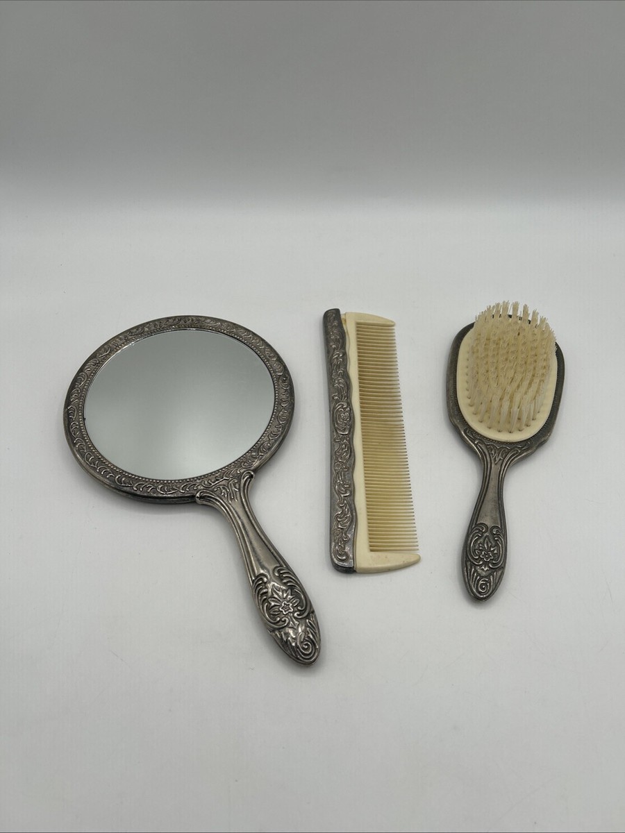 インドの銀製櫛アンティーク、Rajasthan silver comb. 希少品 VTG International Silver Co. Ornate SilverPlate Brush, Mirror