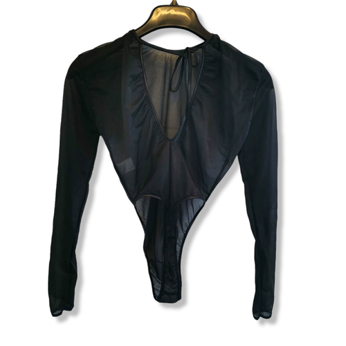 Black Long Sleeve Unlined Mesh Thong Bodysuit/Leotard M/L SAMPLE - Picture 6 of 6
