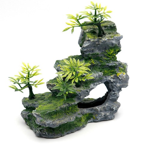 Grande acquario pesciera decorazioni vista montagna ornamento con albero casa grotta - Foto 5 di 7