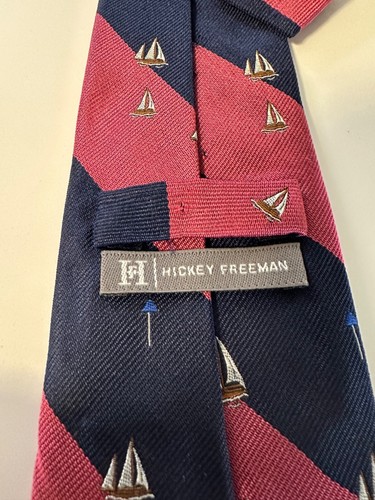 Hickey Freeman Boys 50" 100% Silk Tie Pink Blue Stripe Sailboats Nautical Preppy - Picture 3 of 5