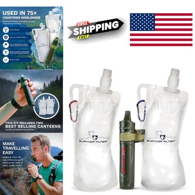 Emergency Water Straw with 2 Collapsible Bottles for Hiking and Camping