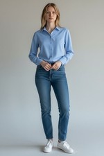 Ladies Shirts Blouse Cotton Blend Stretchy Sky Plain Formal Office Work Top P1