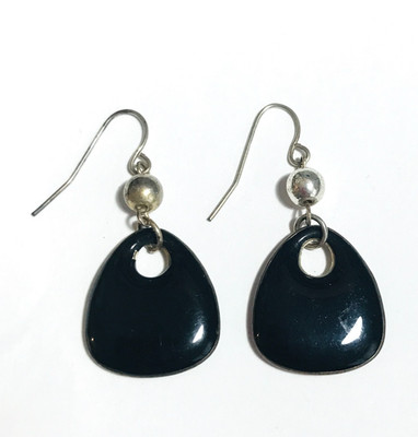 Vintage Silver & Black Enamel Dangle Earrings Teardrop Artisan Crafted