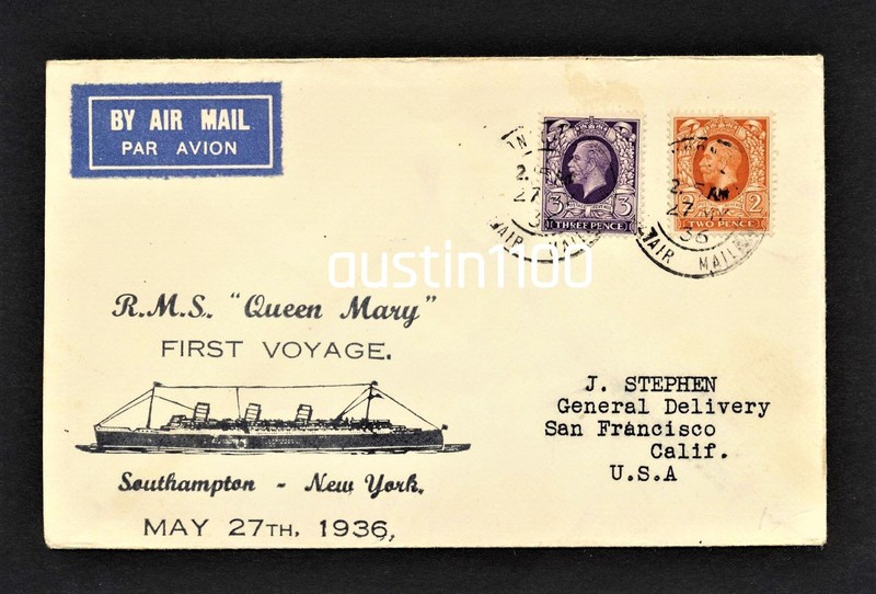 Excellent & Scarce 1936 'Queen Mary' Maiden Voyage Illustrated Cover