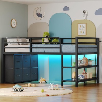 Low Loft Bed Twin Size with 6 Storage Drawers, Twin Loft Bed with LED Lights,