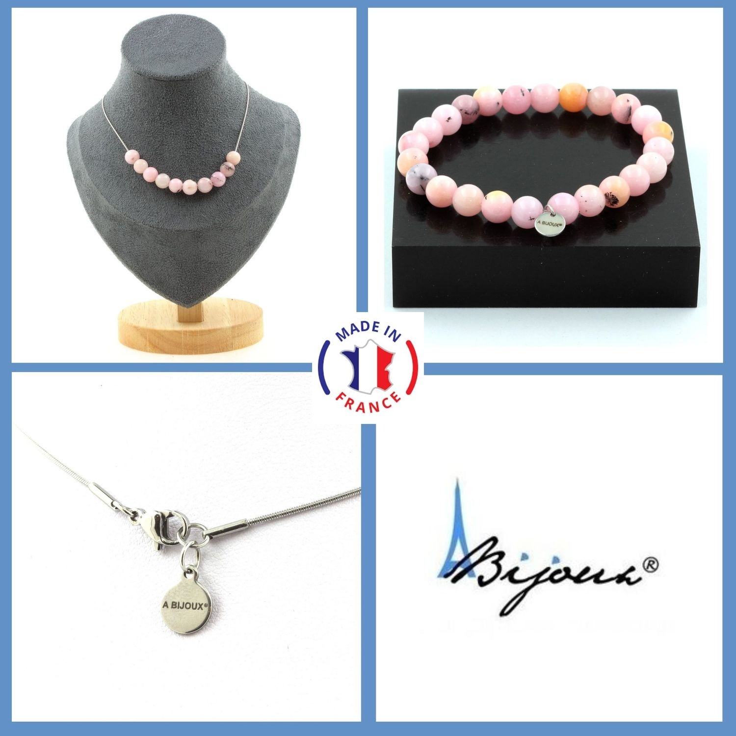 Minéraux parure bracelet collier opale rose perles 8 mm bijoux pierres précieuses