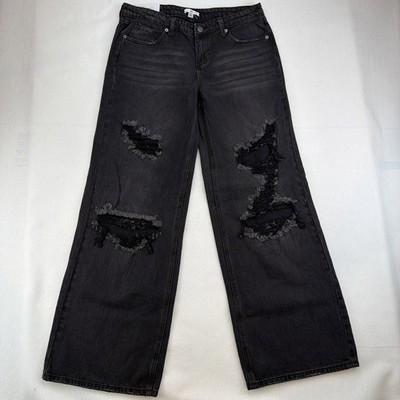 Bp Jeans Wide Leg Distressed Black Denim Distressed 32 W Women s Size 29 NWT