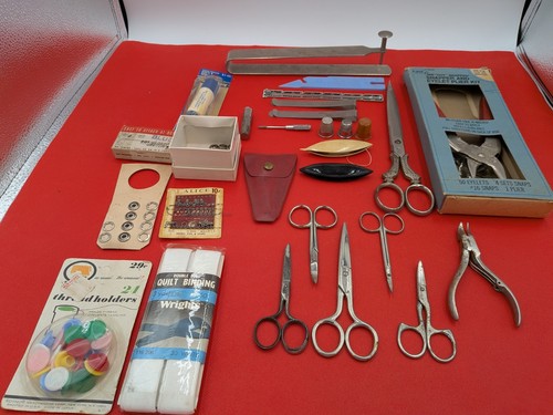 Huge Vintage Sewing Estate Lot - Scissors Germany Italy, Snapper Pliers, Notions
