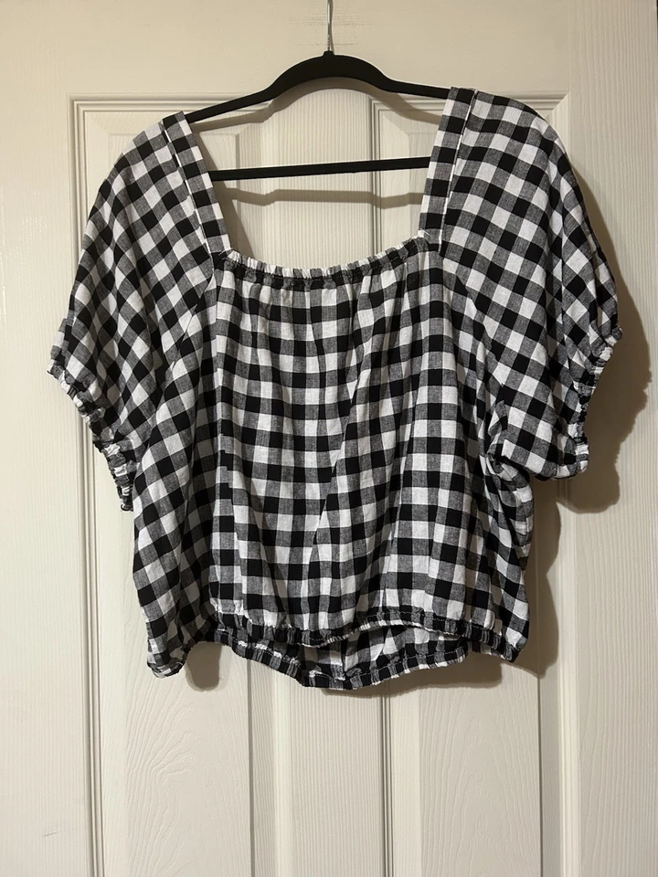 Top corto para mujer talla 22/24 mezcla de lino guinga manga abullonada leche criada CottageCore Foto 2 de 4