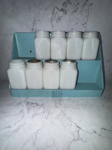 8 Vintage McKee Milk Glass Sunburst Pattern Spice Shaker Set with Blue Rack - Picture 19 of 19