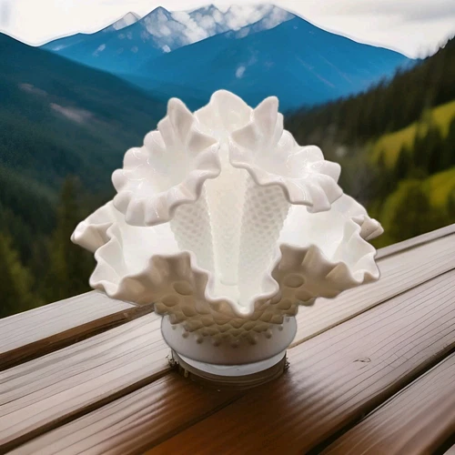 Vintage Fenton 3 Horn White Hobnail Milk Glass Epergne