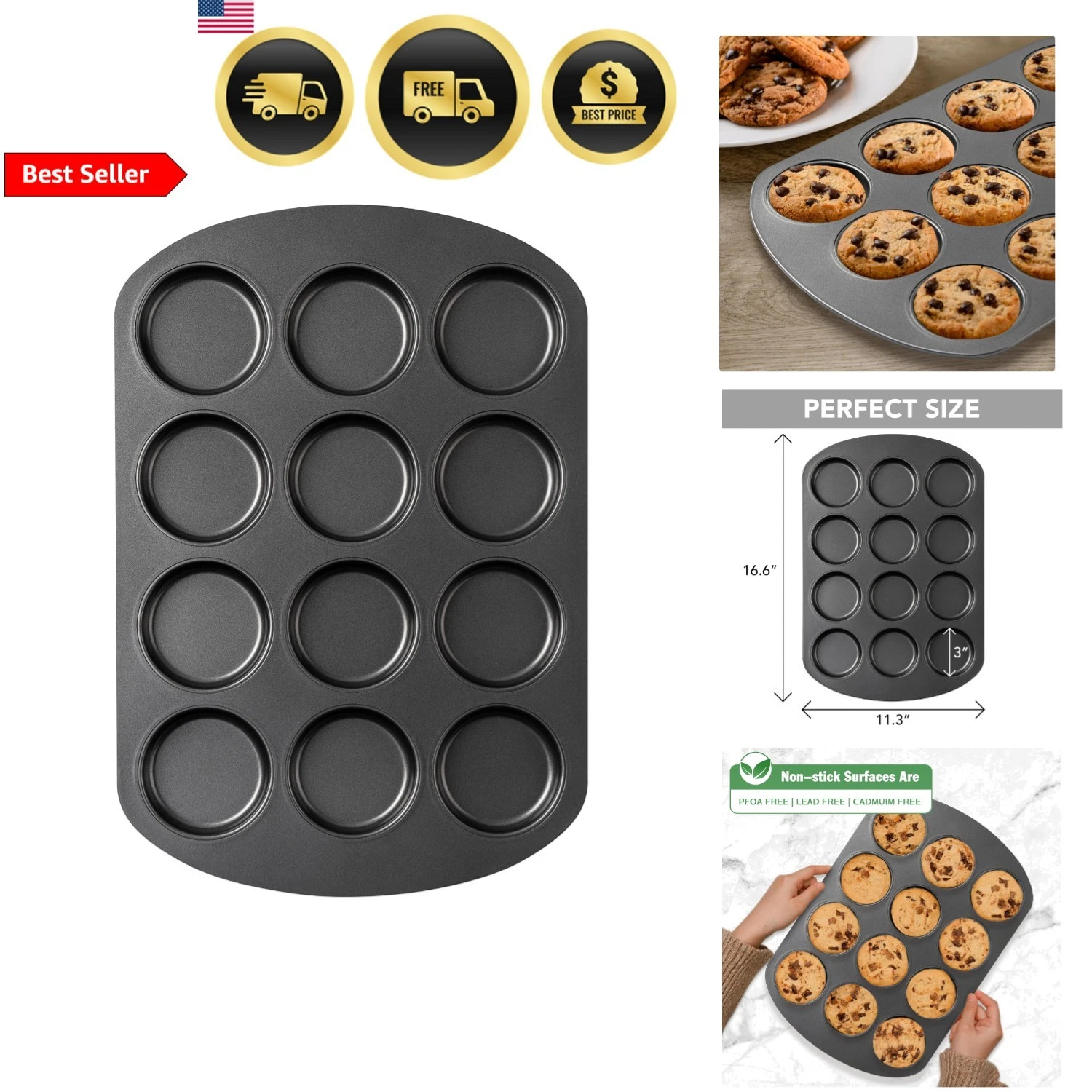 Muffin Top Pan, 12 Cavity Cupcake Pan, 3 Inch Nonstick Bakeware for Eggs, Cor...