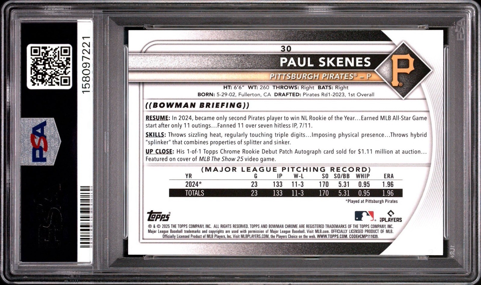2025 BOWMAN CHROME MAGE BOX PAUL SKENES /299 AQUA REFRACTOR LOW POP PSA 10 view 3