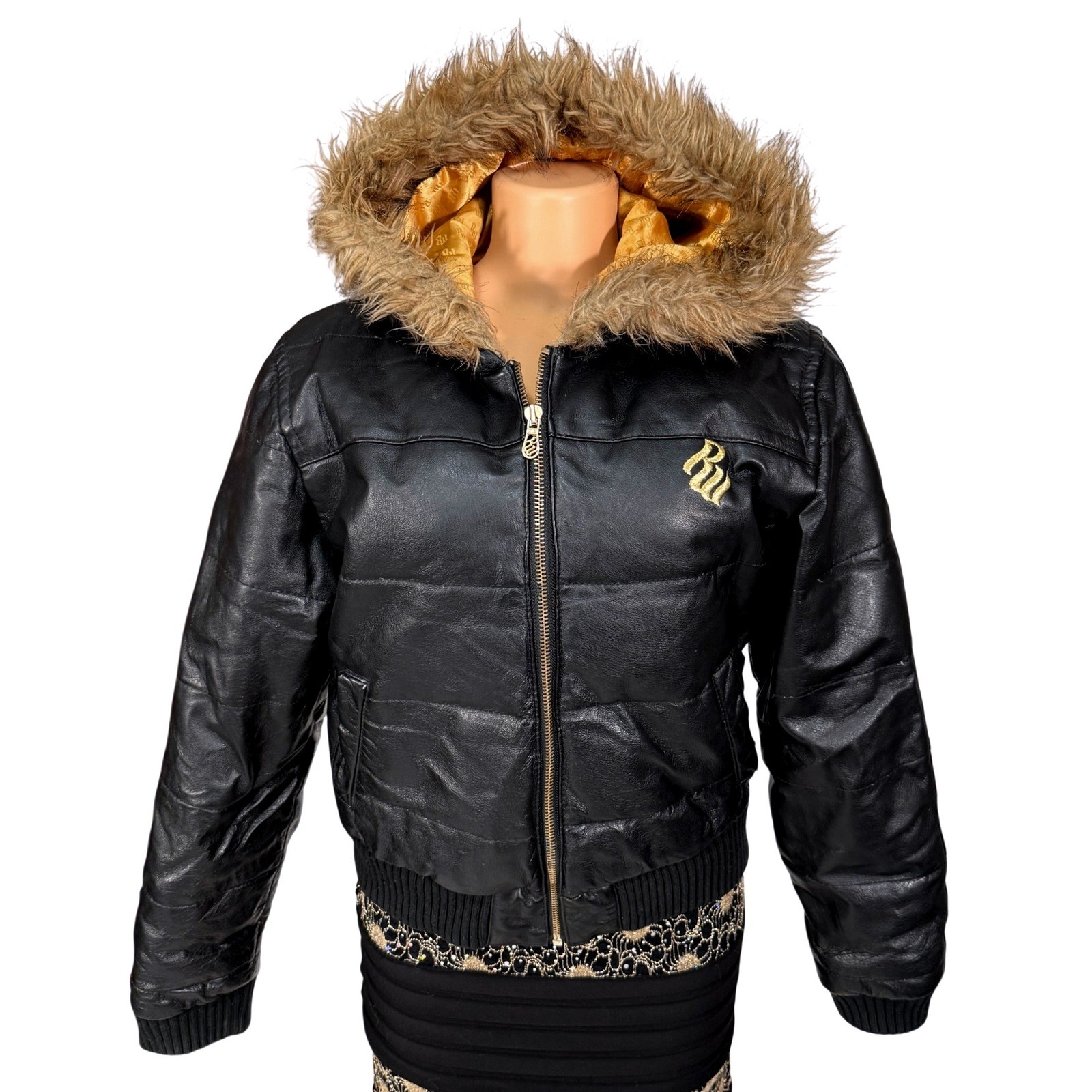 Rocawear Black Vintage Leather Puffer Jacket with Fur Hood & Gold Logo Size XL