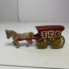 Vintage Cast Iron Horse Drawn Ice Wagon Toy 9" Red White Yellow Hubley Style