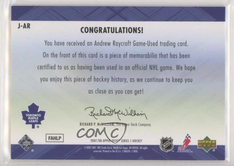 2007-08 Upper Deck Game Jersey Series 1 Andrew Raycroft #J-AR - Image 2 of 2