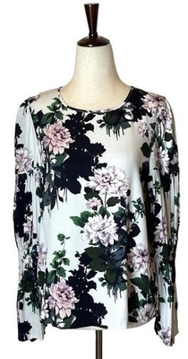 Club Monaco Shirt Women Small White Floral Print Puff Bell Sleeve Blouse Boho