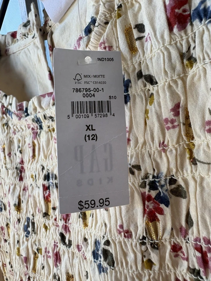 Gap Dress Girls XL(12) Cream Floral Metallic Shine Smocked Trim Skater NWT - Image 3 of 4