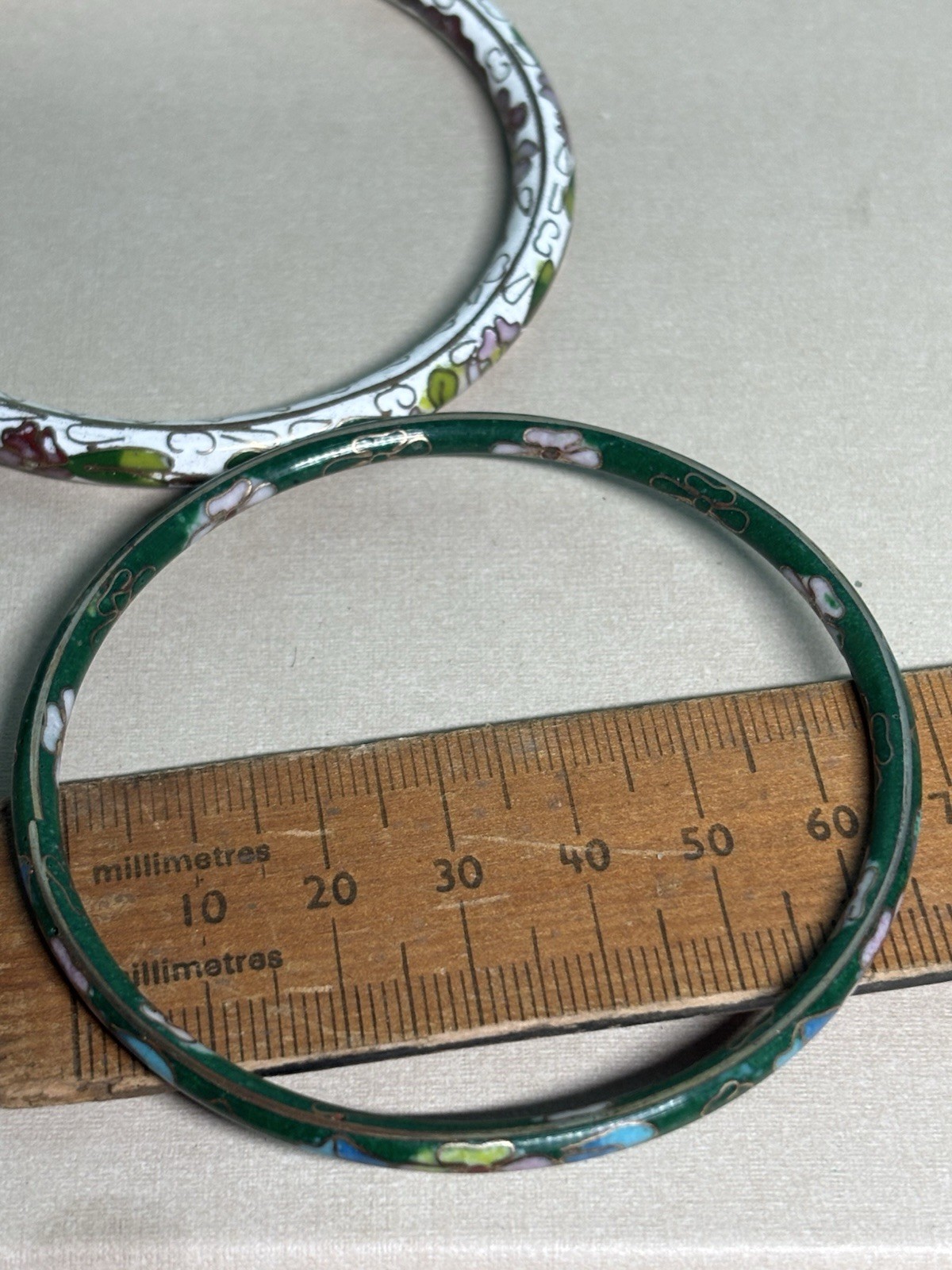 Vintage Cloisonné Solid Bangles Unhinged Brass In… - image 5