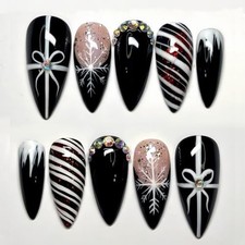 30Pcs Winter Christmas Press on Nails Stiletto French Christmas False Nails-29