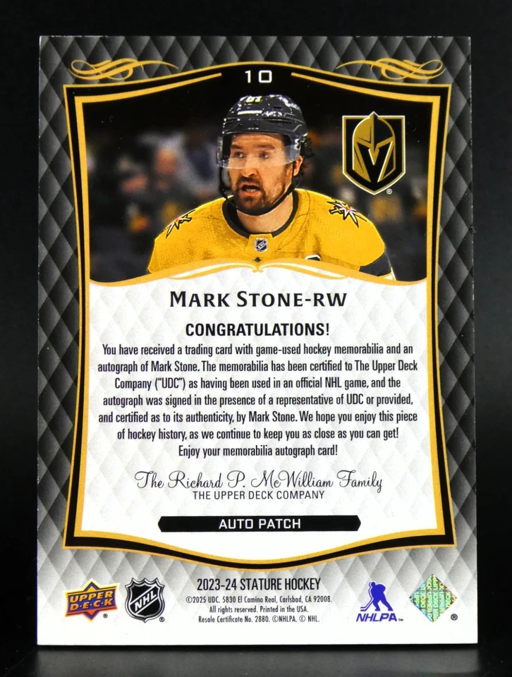 2023-24 Upper Deck Stature Memorabilia Patch Auto #10 Mark Stone 43/49 - Image 2 of 2