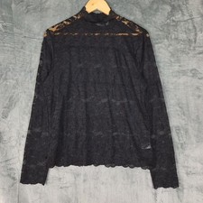Womens Top Large Black Whimsigoth Sheer Floral Lace Goth Fairy Grunge Mock Neck