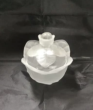 Vintage Viking Glass Satin and Clear Crystal Cabbage Leaf Lidded Bowl Candy Dish