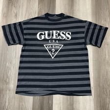 VTG GUESS USA Striped Big Logo Graphic Tee 1990s True Vintage Black White XL