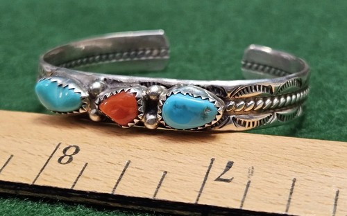 Vintage Native American Turquoise Coral F Sterling Silver Cuff Bracelet Stamped - Picture 15 of 21