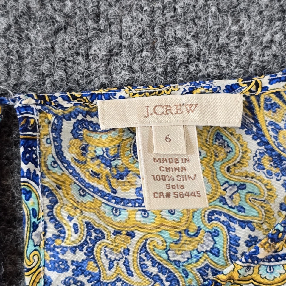 Top J Crew Mujer Talla 6 Azul Amarillo Paisley Seda Manga Larga Informal Carrera Foto 3 de 4