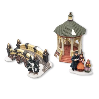 Holiday Time Gazebo, Snow Covered Stone Bridge & O'Well Caroler Figures