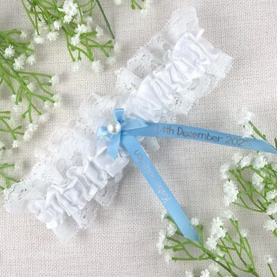 MY PRETTY LITTLE GIFTS Personalised Garter - Baby Blue with Silver Text - Something Blue Wedding Bride