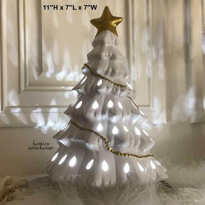 Christmas Tree Lighted Glossy White Gold Ceramic Vintage Style Tabletop Display Ebay