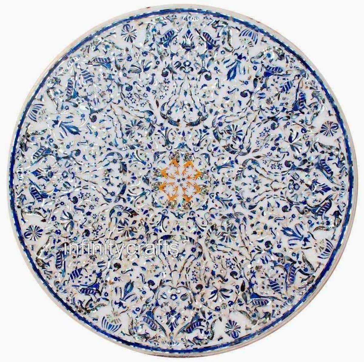 60 Inches Round Marble Dining Table Top Lapis Lazuli Stone Inlay Work Sofa Table